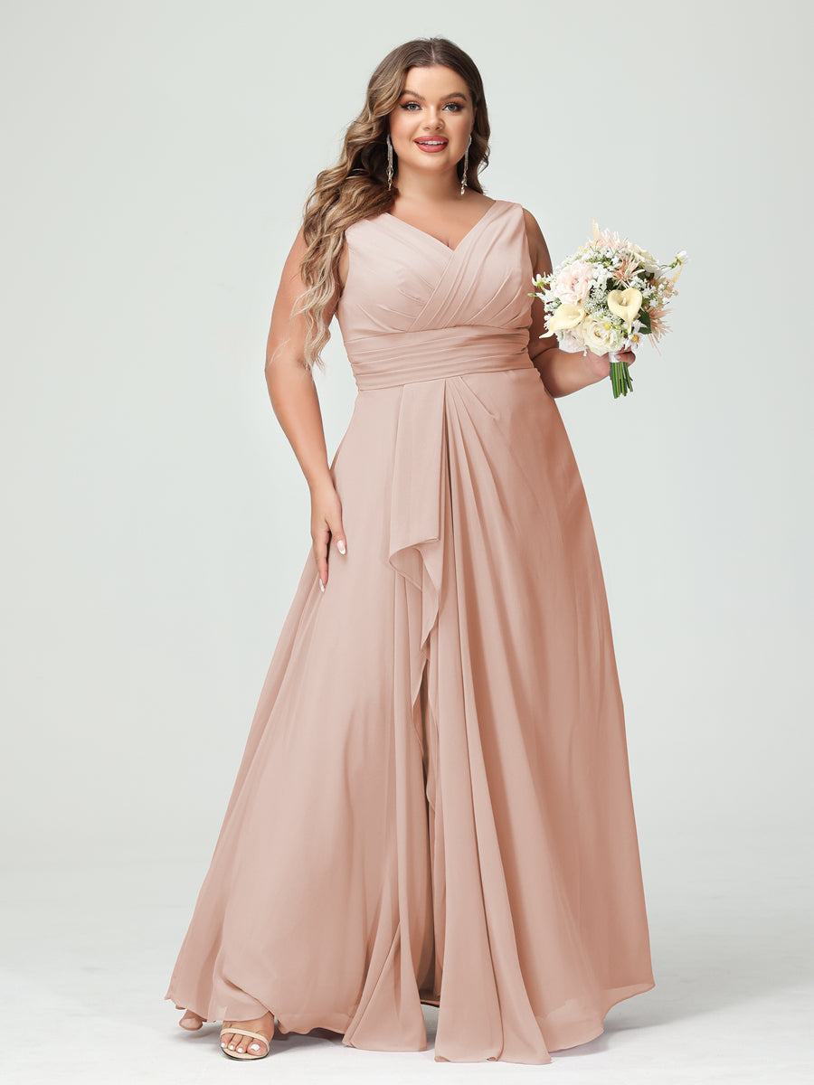 A-Line/Princess V-Neck Sleeveless Chiffon Ruffles Plus Size Bridesmaid Dresses with Pockets Blush Pink
