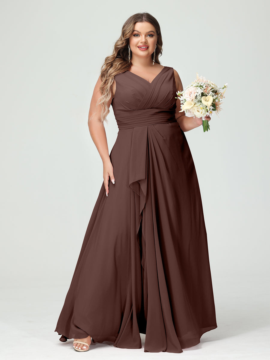 A-Line/Princess V-Neck Sleeveless Chiffon Ruffles Plus Size Bridesmaid Dresses with Pockets Brown