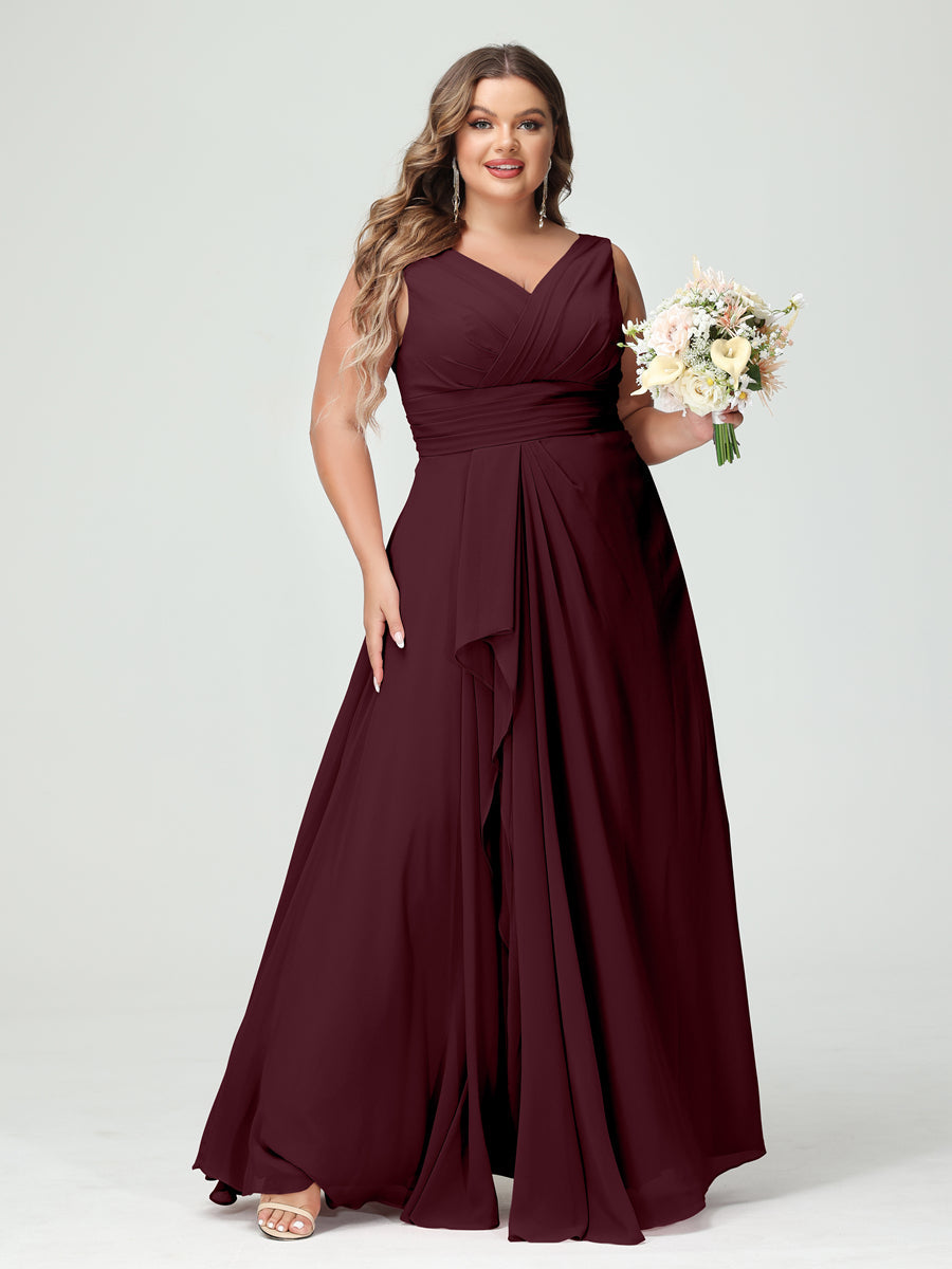 A-Line/Princess V-Neck Sleeveless Chiffon Ruffles Plus Size Bridesmaid Dresses with Pockets Burgundy