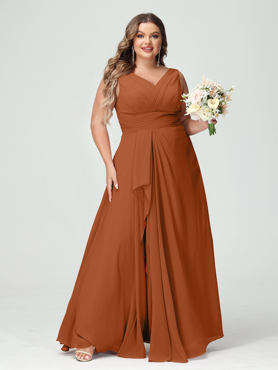 A-Line/Princess V-Neck Sleeveless Chiffon Ruffles Plus Size Bridesmaid Dresses with Pockets Burnt Orange