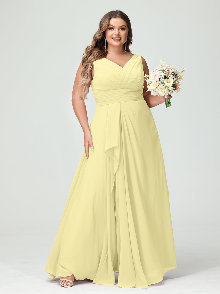 A-Line/Princess V-Neck Sleeveless Chiffon Ruffles Plus Size Bridesmaid Dresses with Pockets Canary