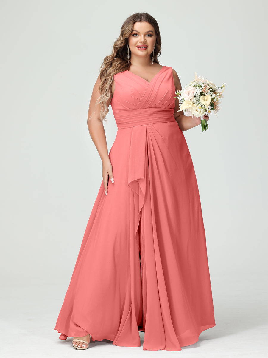 A-Line/Princess V-Neck Sleeveless Chiffon Ruffles Plus Size Bridesmaid Dresses with Pockets Coral