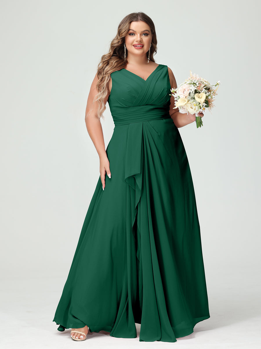 A-Line/Princess V-Neck Sleeveless Chiffon Ruffles Plus Size Bridesmaid Dresses with Pockets Dark Green
