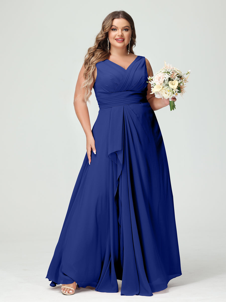 A-Line/Princess V-Neck Sleeveless Chiffon Ruffles Plus Size Bridesmaid Dresses with Pockets Dark Royal Blue