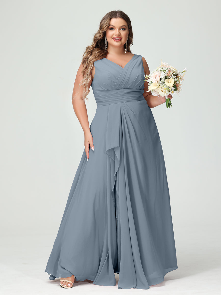 A-Line/Princess V-Neck Sleeveless Chiffon Ruffles Plus Size Bridesmaid Dresses with Pockets Dusty Blue