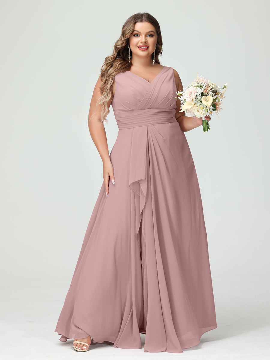 A-Line/Princess V-Neck Sleeveless Chiffon Ruffles Plus Size Bridesmaid Dresses with Pockets Dusty Pink
