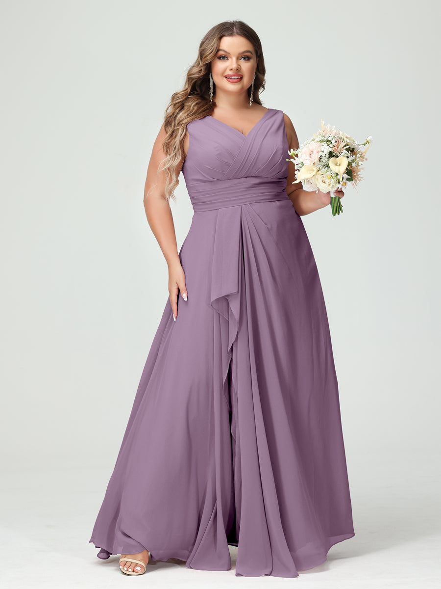 A-Line/Princess V-Neck Sleeveless Chiffon Ruffles Plus Size Bridesmaid Dresses with Pockets Dusty Purple
