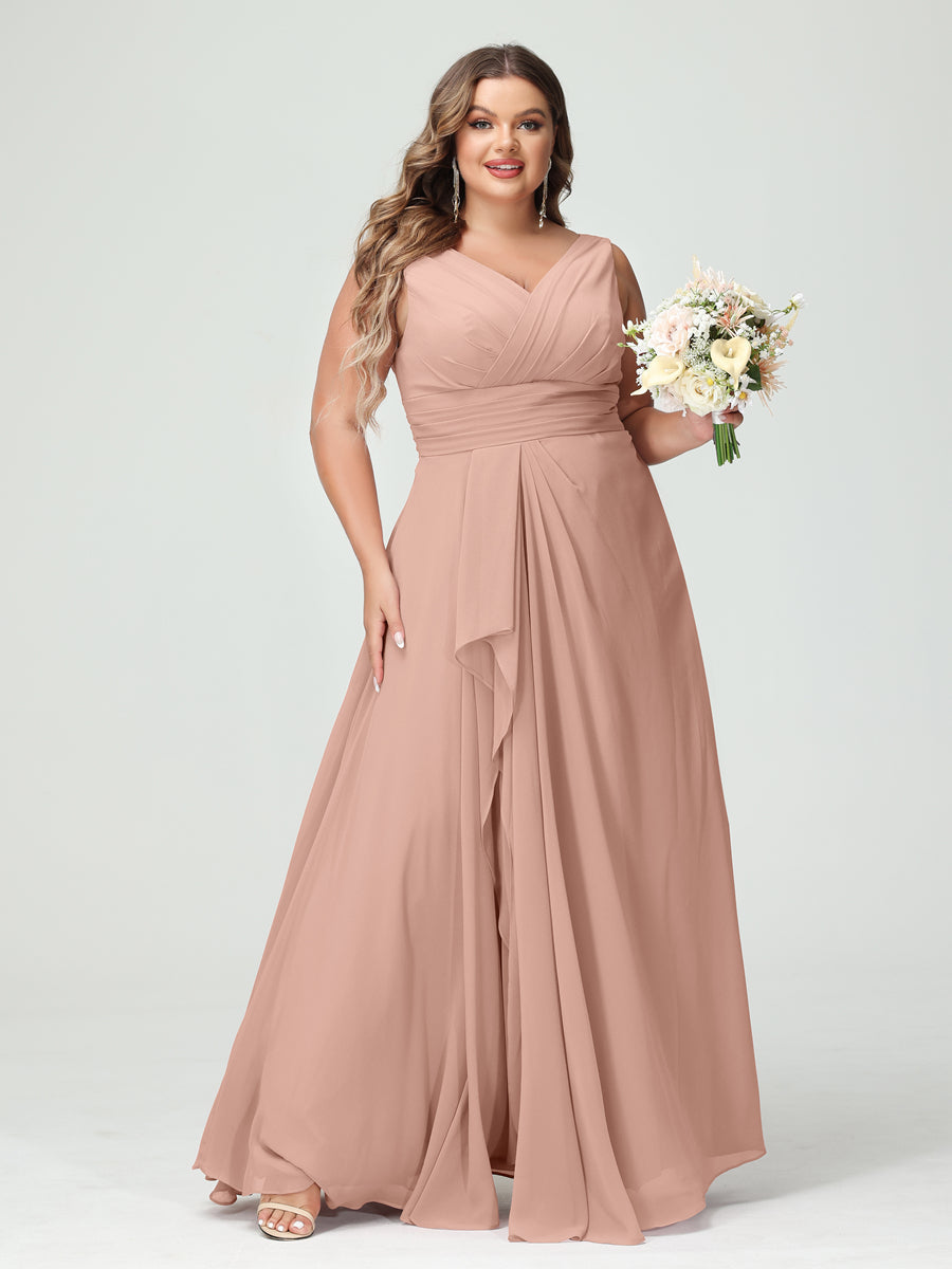 A-Line/Princess V-Neck Sleeveless Chiffon Ruffles Plus Size Bridesmaid Dresses with Pockets Dusty Rose