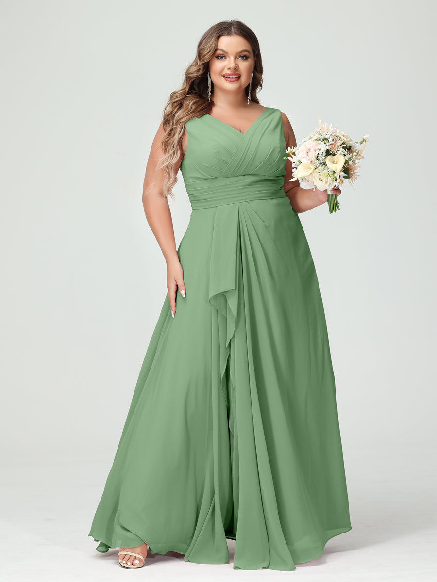A-Line/Princess V-Neck Sleeveless Chiffon Ruffles Plus Size Bridesmaid Dresses with Pockets Dusty Sage