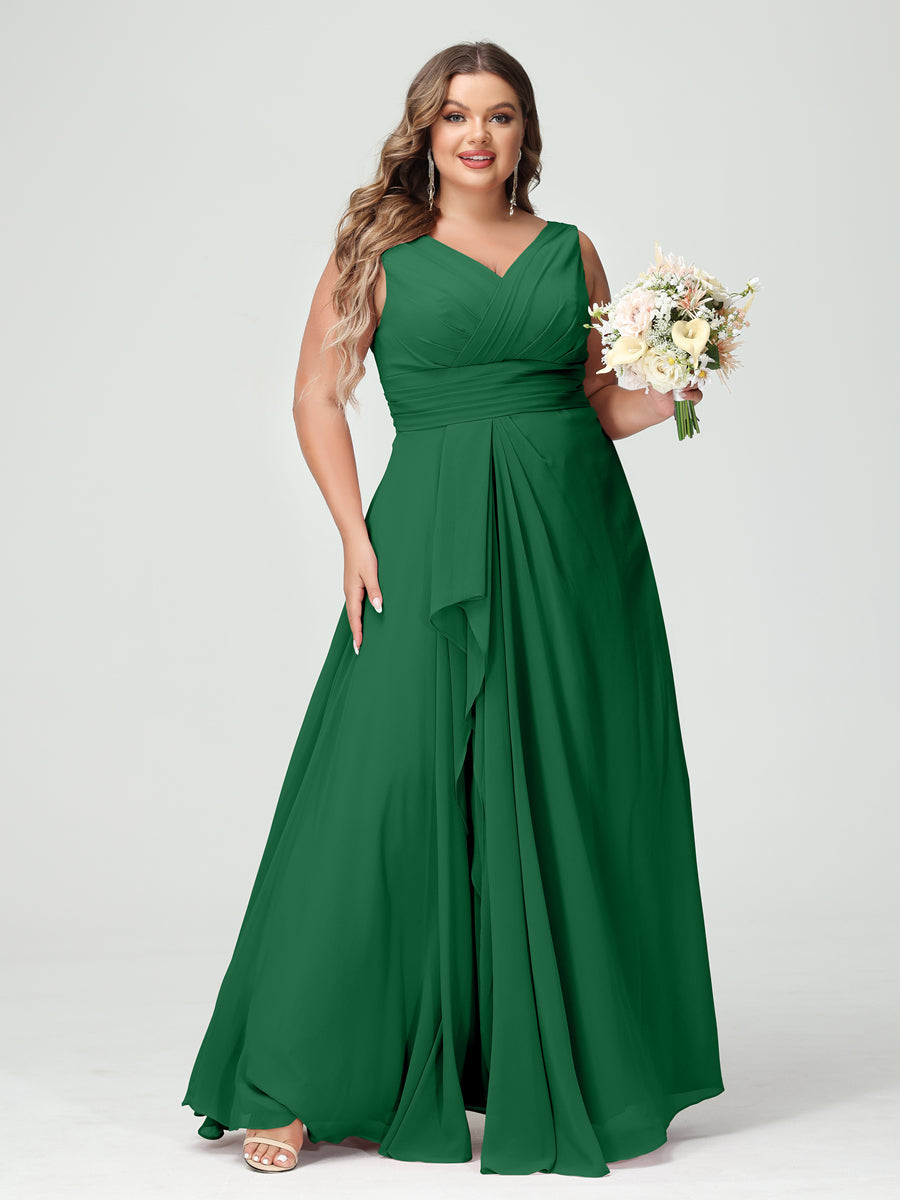 A-Line/Princess V-Neck Sleeveless Chiffon Ruffles Plus Size Bridesmaid Dresses with Pockets Emerald
