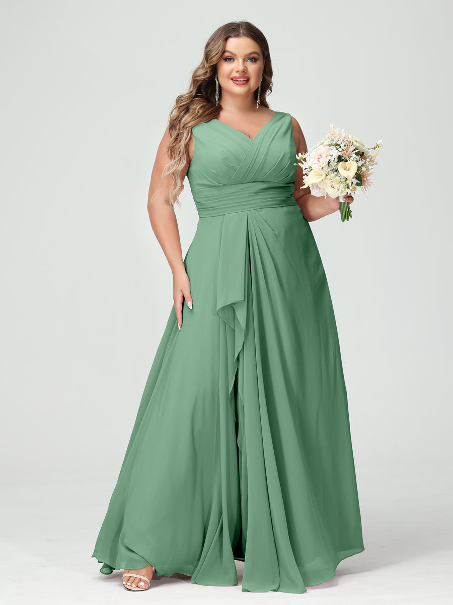 A-Line/Princess V-Neck Sleeveless Chiffon Ruffles Plus Size Bridesmaid Dresses with Pockets Eucalyptus