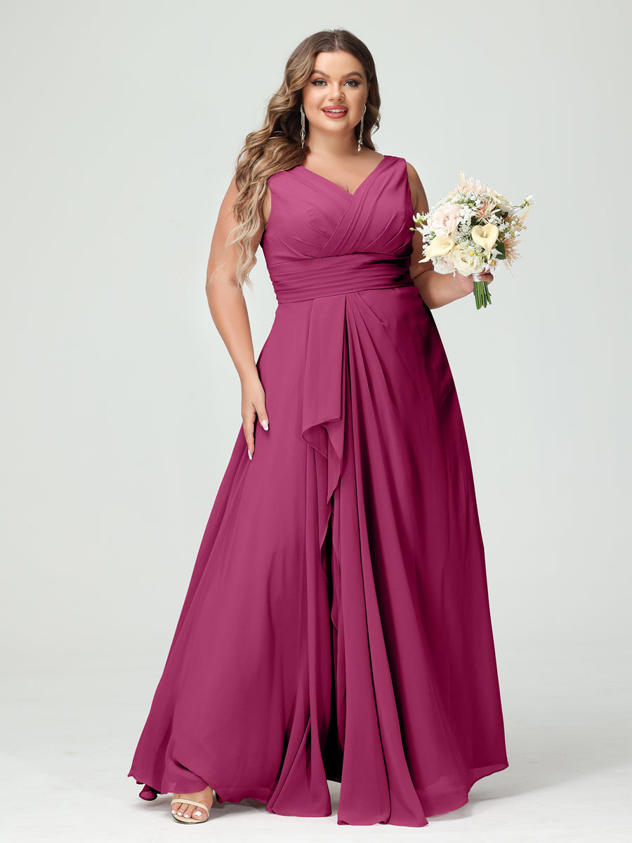 A-Line/Princess V-Neck Sleeveless Chiffon Ruffles Plus Size Bridesmaid Dresses with Pockets Fuchsia