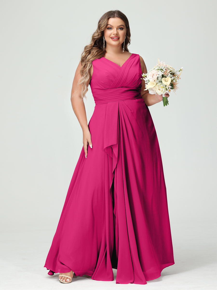 A-Line/Princess V-Neck Sleeveless Chiffon Ruffles Plus Size Bridesmaid Dresses with Pockets Fuchsia Pink