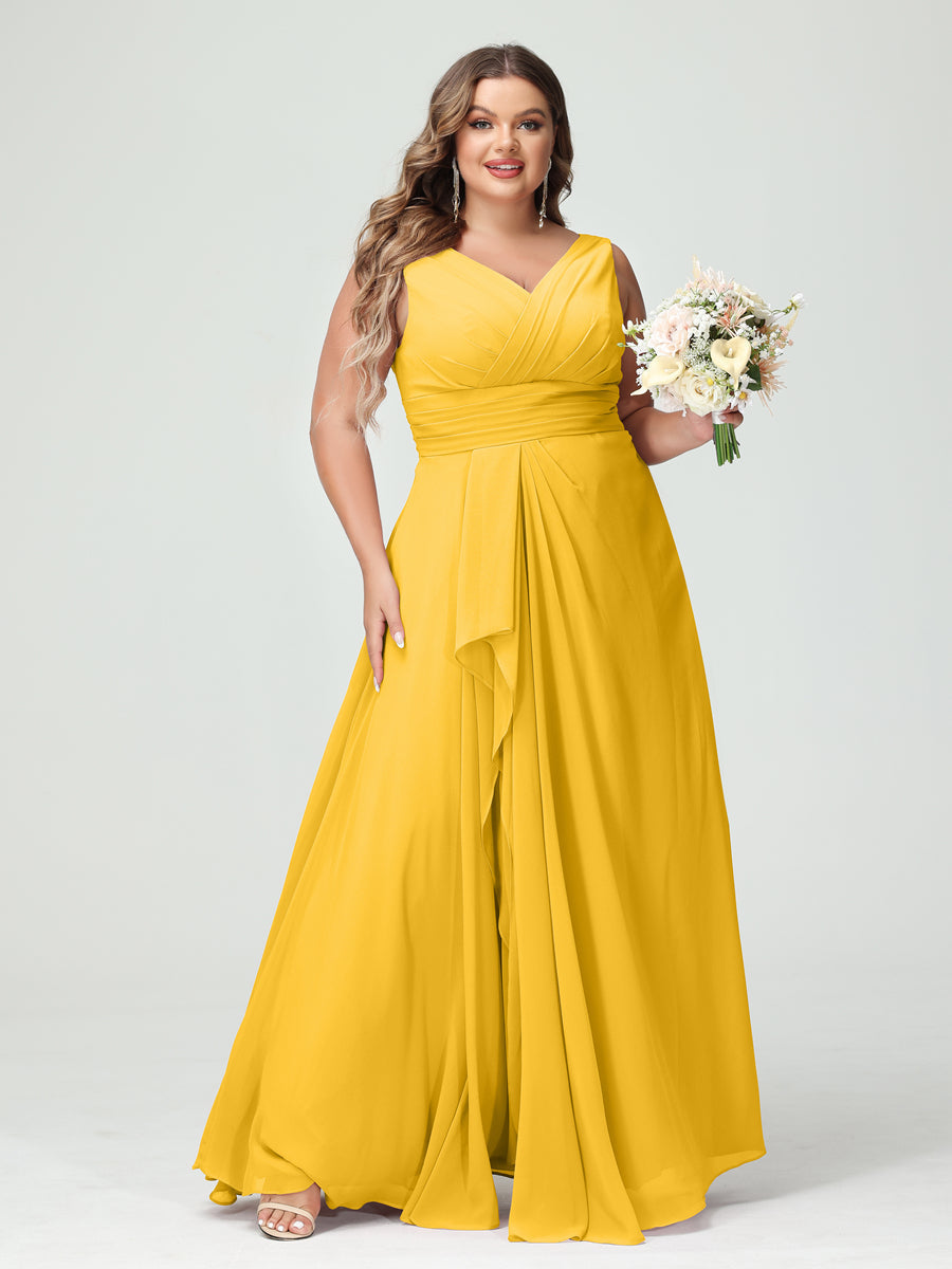 A-Line/Princess V-Neck Sleeveless Chiffon Ruffles Plus Size Bridesmaid Dresses with Pockets Gold