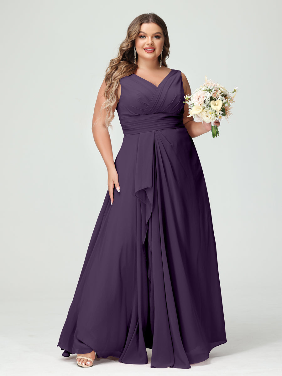 A-Line/Princess V-Neck Sleeveless Chiffon Ruffles Plus Size Bridesmaid Dresses with Pockets Grape