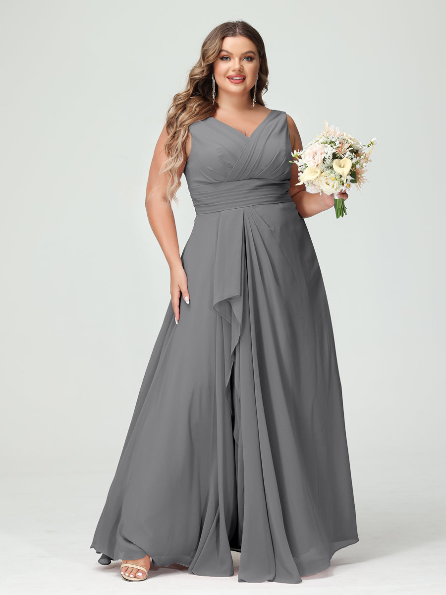 A-Line/Princess V-Neck Sleeveless Chiffon Ruffles Plus Size Bridesmaid Dresses with Pockets Gray