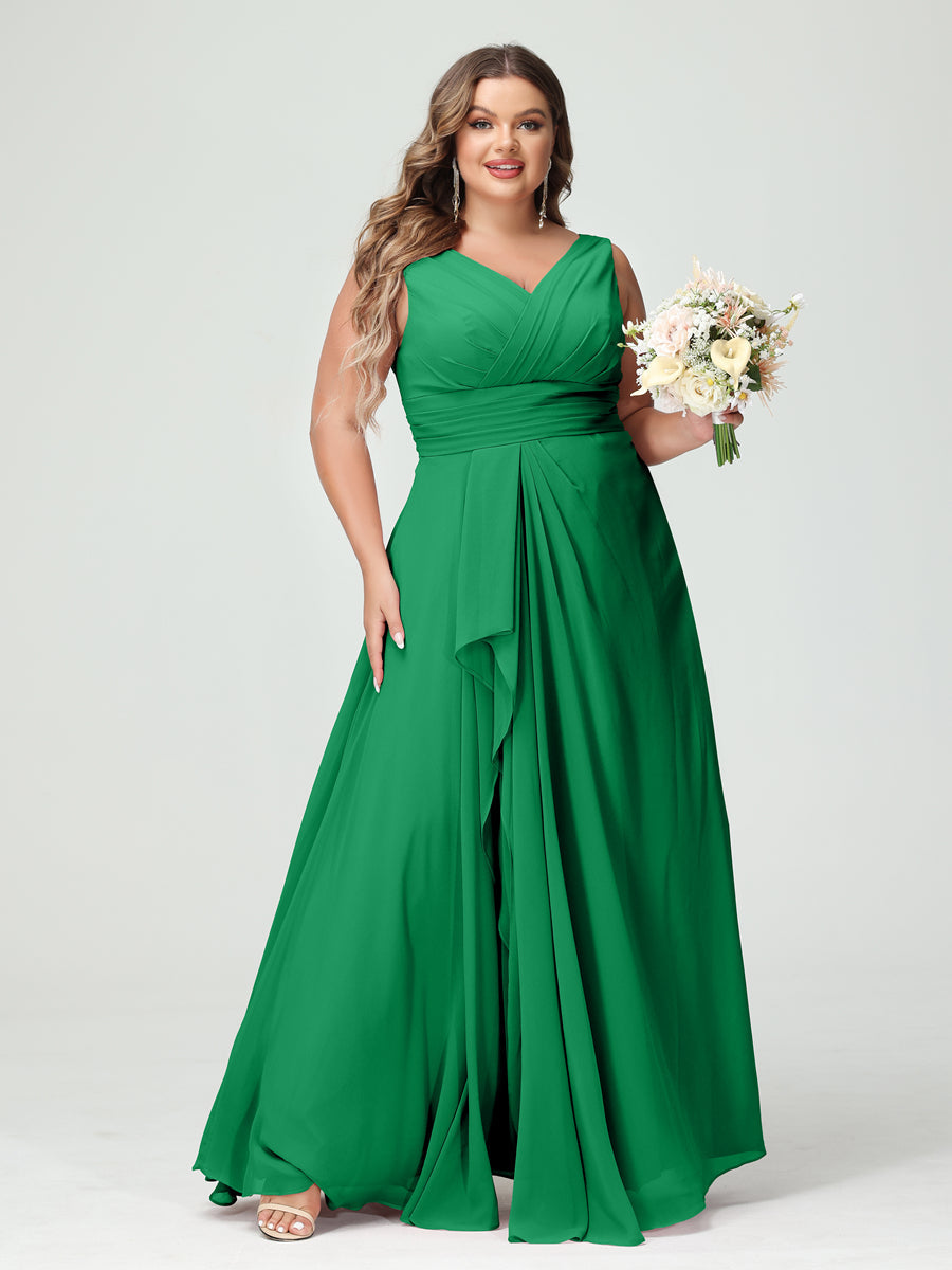 A-Line/Princess V-Neck Sleeveless Chiffon Ruffles Plus Size Bridesmaid Dresses with Pockets Green