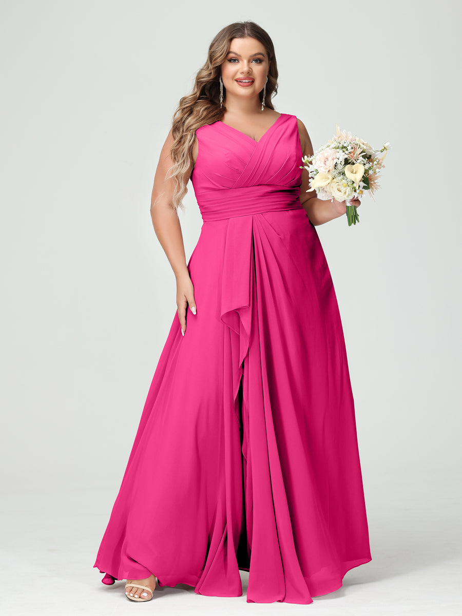 A-Line/Princess V-Neck Sleeveless Chiffon Ruffles Plus Size Bridesmaid Dresses with Pockets Hot Pink