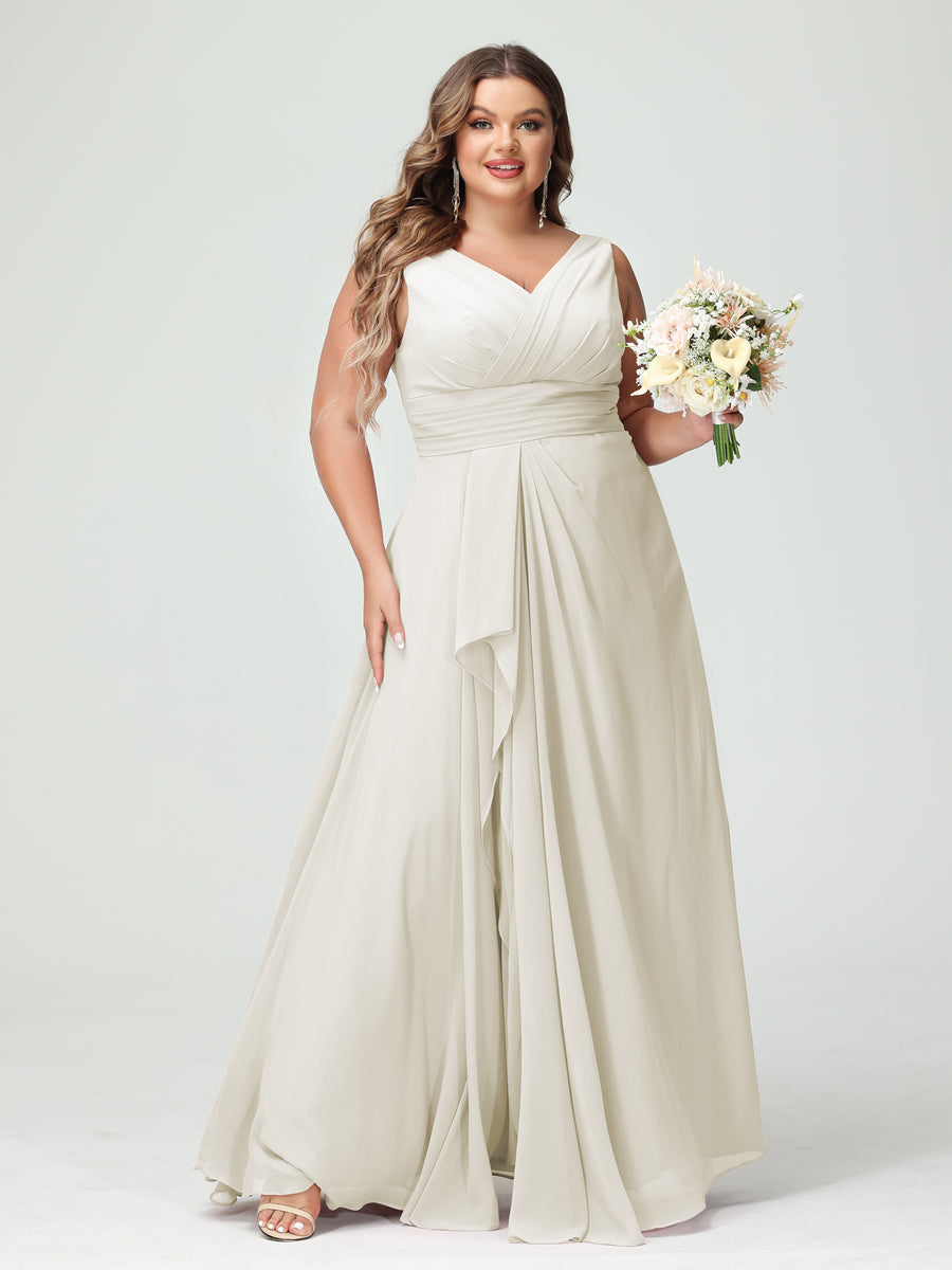 A-Line/Princess V-Neck Sleeveless Chiffon Ruffles Plus Size Bridesmaid Dresses with Pockets Ivory