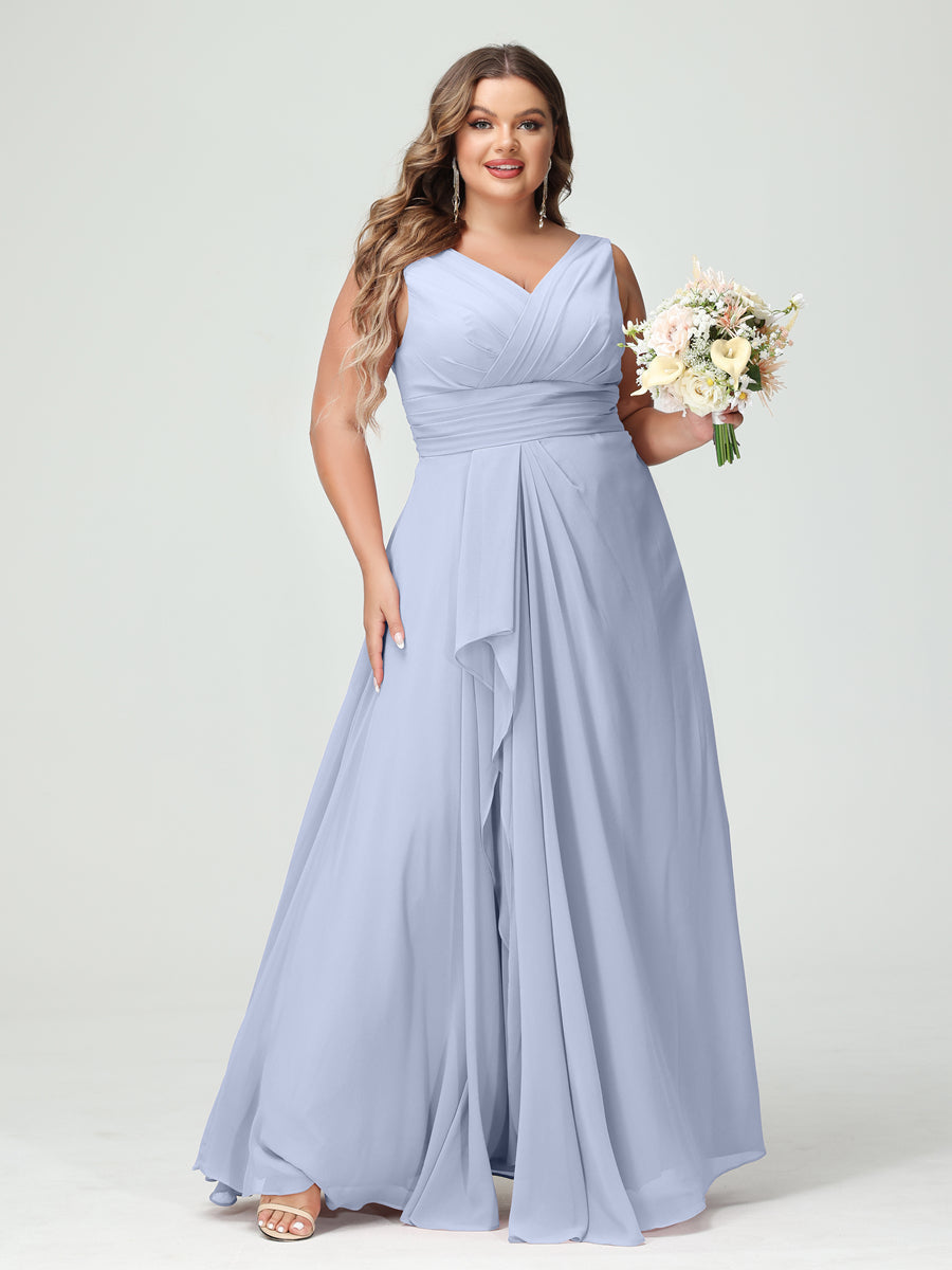 A-Line/Princess V-Neck Sleeveless Chiffon Ruffles Plus Size Bridesmaid Dresses with Pockets Lavender