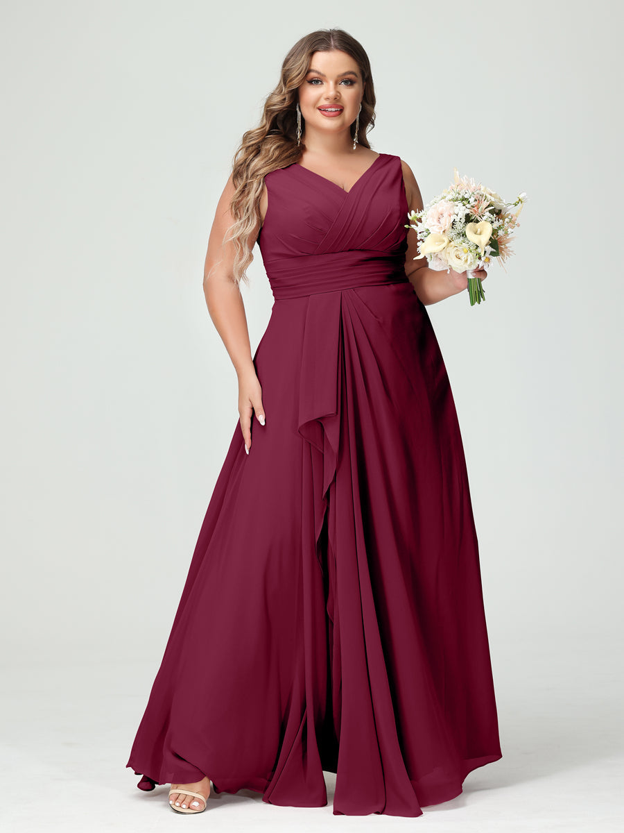 A-Line/Princess V-Neck Sleeveless Chiffon Ruffles Plus Size Bridesmaid Dresses with Pockets Light Burgundy