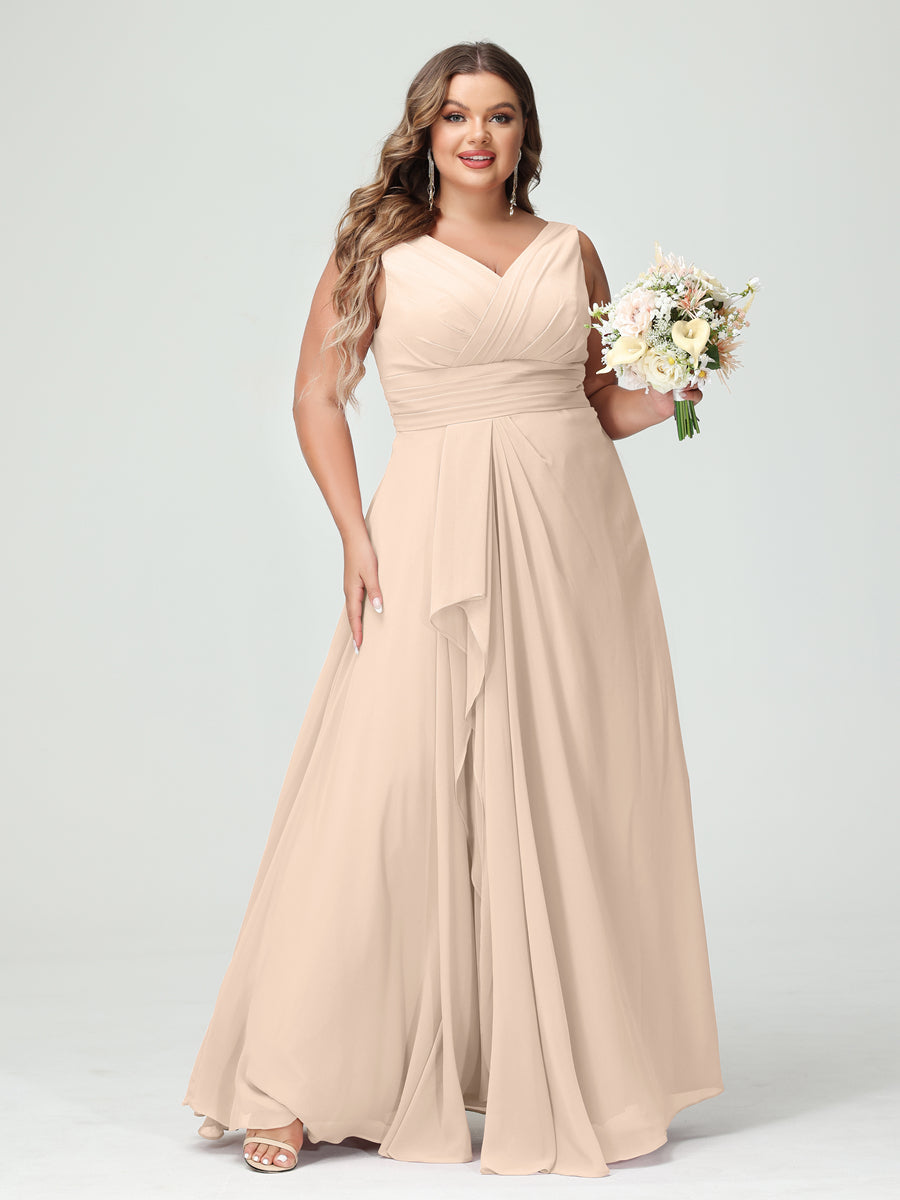 A-Line/Princess V-Neck Sleeveless Chiffon Ruffles Plus Size Bridesmaid Dresses with Pockets Light Champagne
