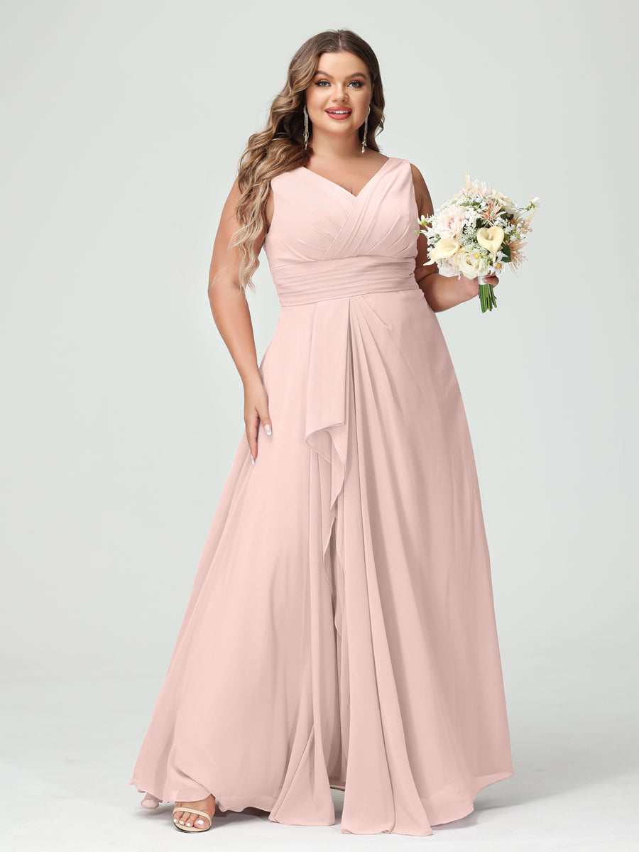 A-Line/Princess V-Neck Sleeveless Chiffon Ruffles Plus Size Bridesmaid Dresses with Pockets Light Pink