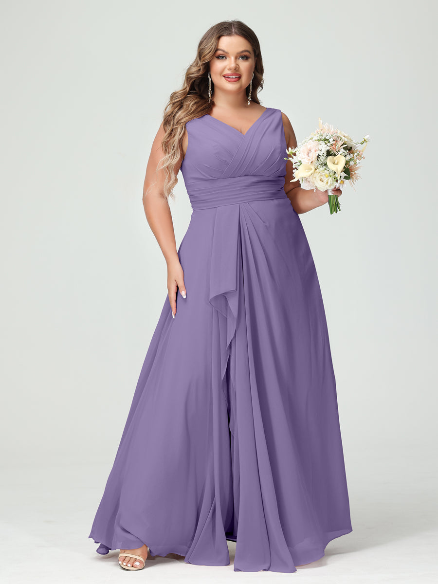 A-Line/Princess V-Neck Sleeveless Chiffon Ruffles Plus Size Bridesmaid Dresses with Pockets Light Purple
