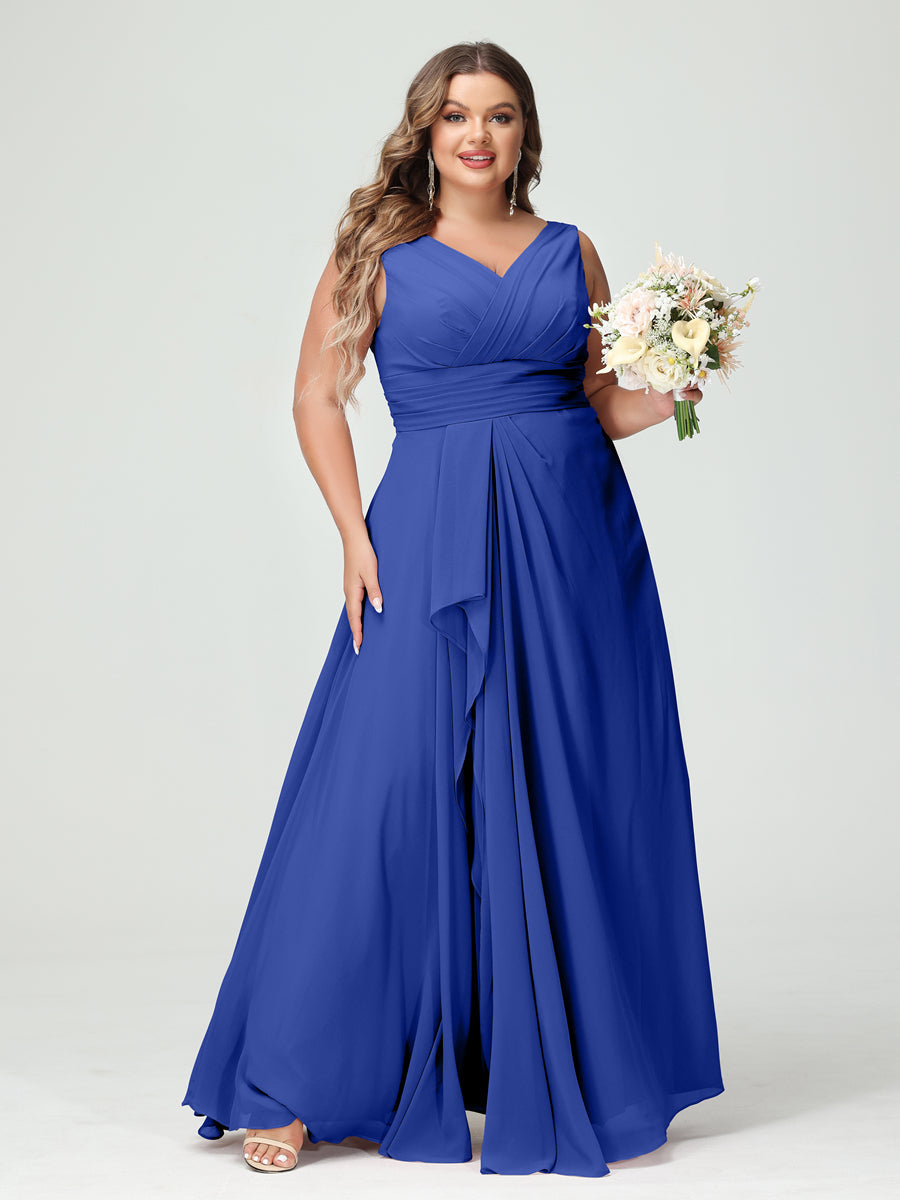 A-Line/Princess V-Neck Sleeveless Chiffon Ruffles Plus Size Bridesmaid Dresses with Pockets Light Royal Blue