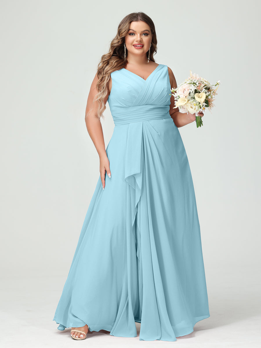 A-Line/Princess V-Neck Sleeveless Chiffon Ruffles Plus Size Bridesmaid Dresses with Pockets Light Sky Blue