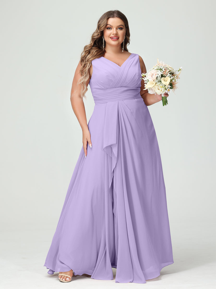 A-Line/Princess V-Neck Sleeveless Chiffon Ruffles Plus Size Bridesmaid Dresses with Pockets Lilac