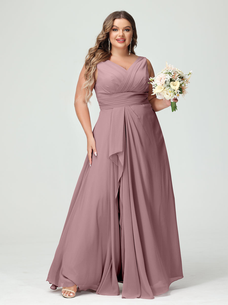A-Line/Princess V-Neck Sleeveless Chiffon Ruffles Plus Size Bridesmaid Dresses with Pockets Mauve