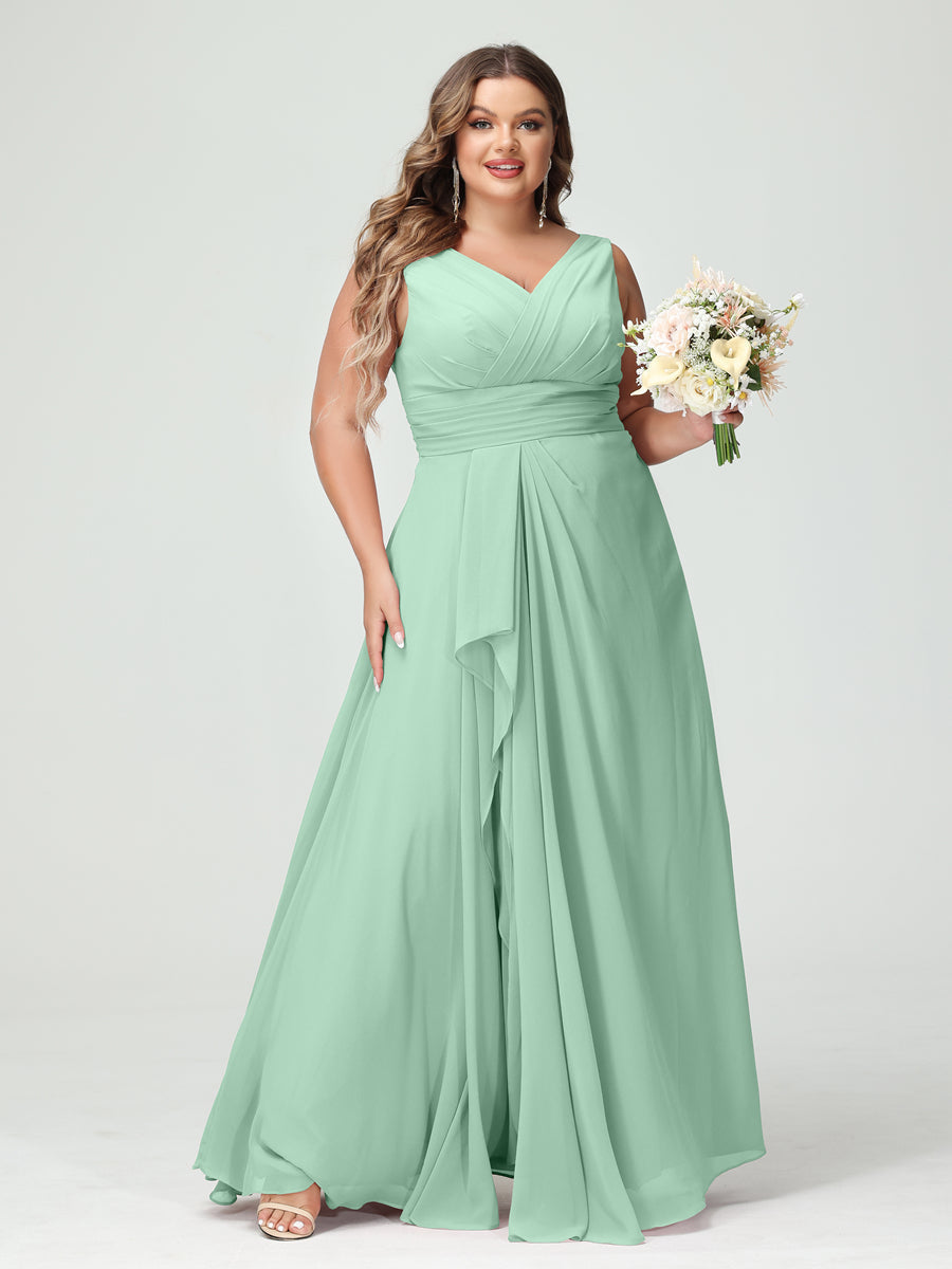 A-Line/Princess V-Neck Sleeveless Chiffon Ruffles Plus Size Bridesmaid Dresses with Pockets Mint Green