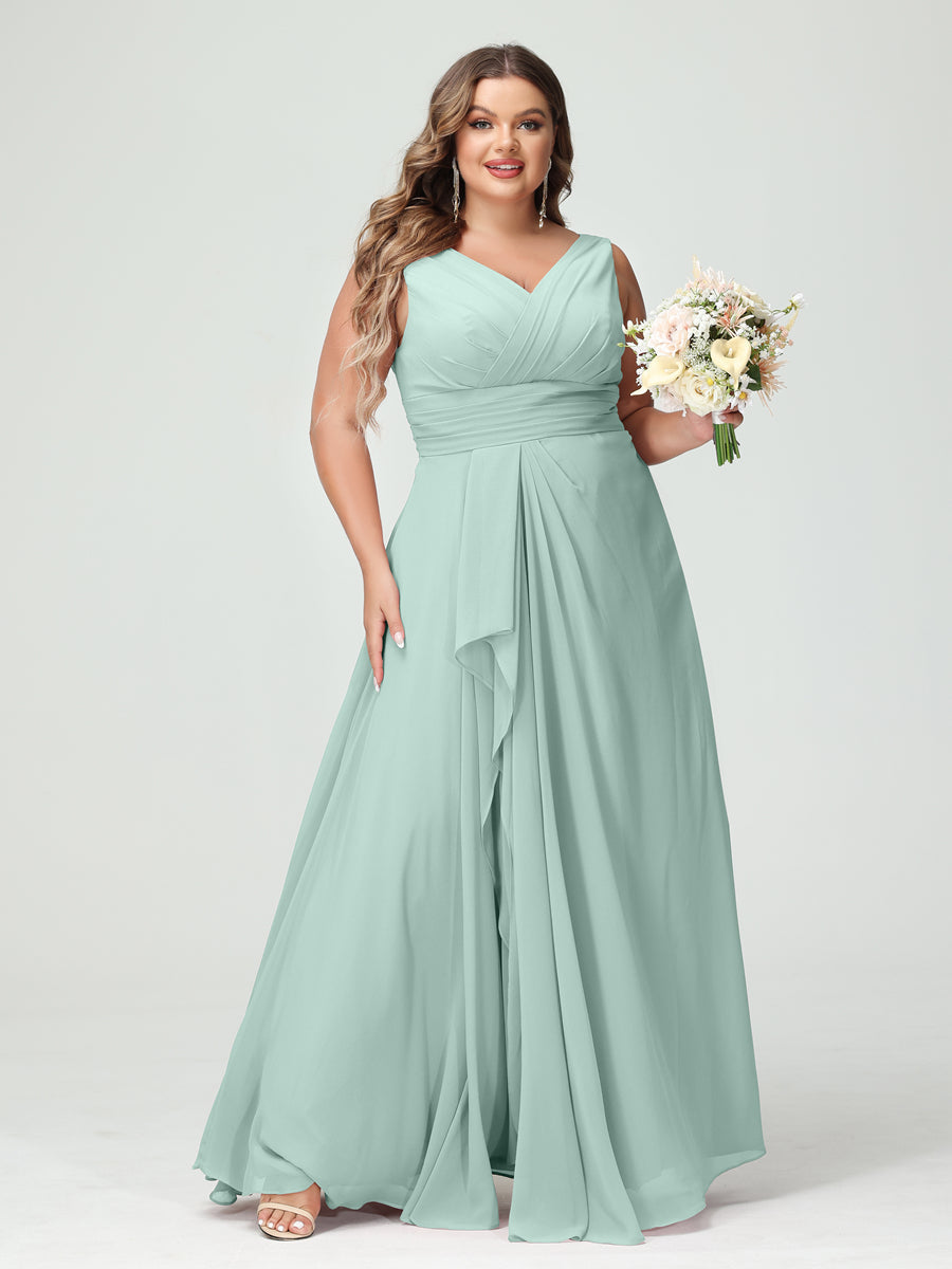 A-Line/Princess V-Neck Sleeveless Chiffon Ruffles Plus Size Bridesmaid Dresses with Pockets Mist Blue
