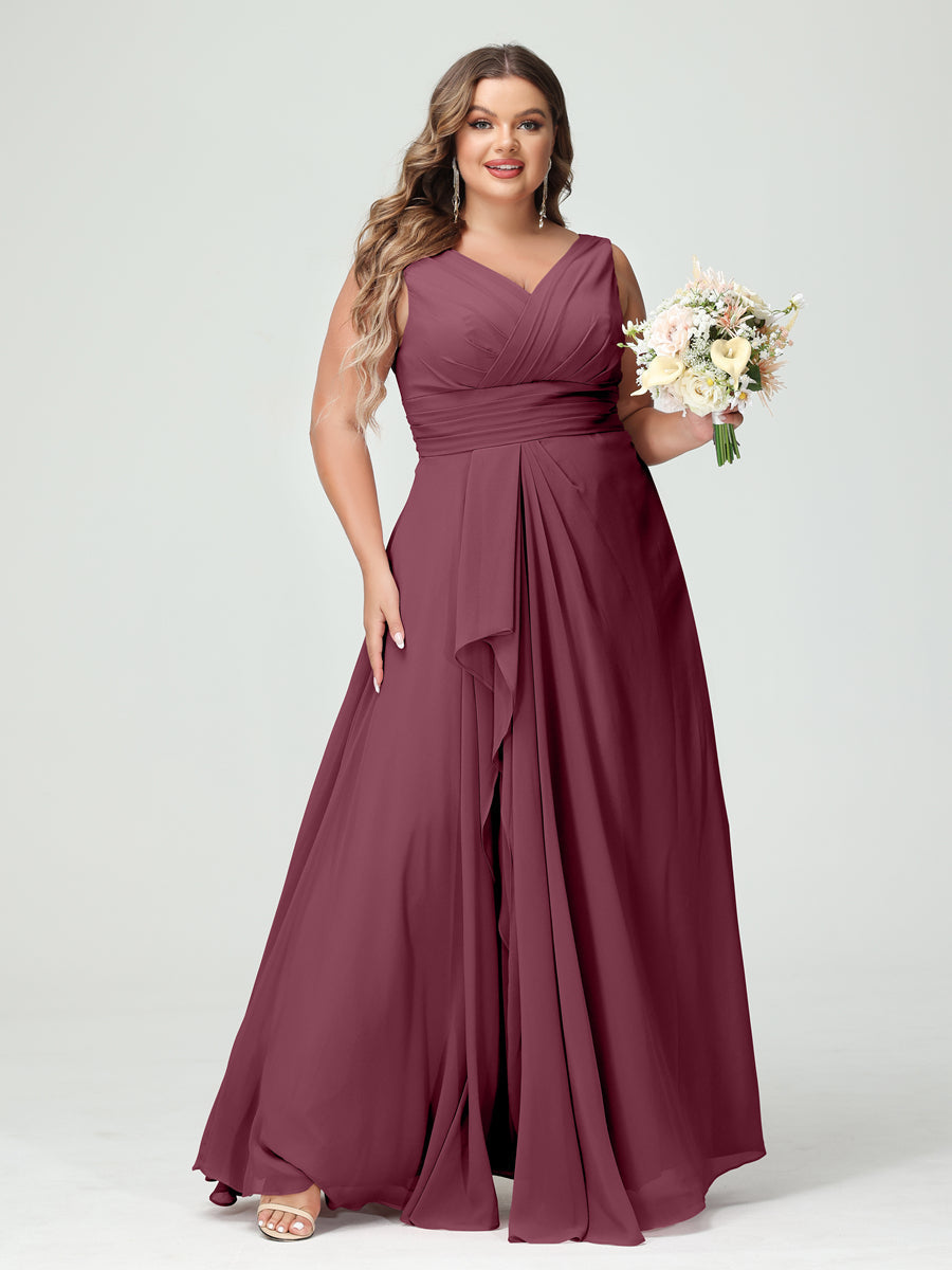 A-Line/Princess V-Neck Sleeveless Chiffon Ruffles Plus Size Bridesmaid Dresses with Pockets Mulberry