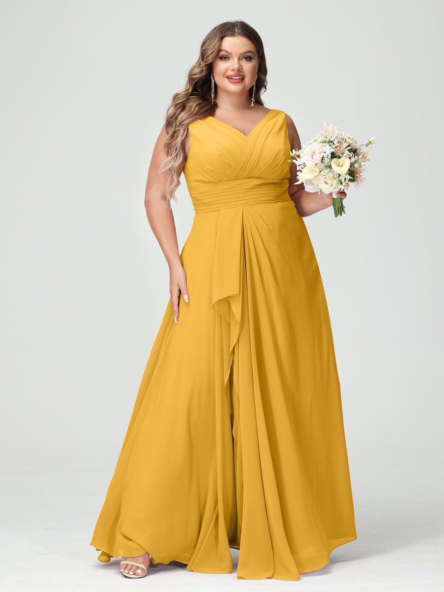 A-Line/Princess V-Neck Sleeveless Chiffon Ruffles Plus Size Bridesmaid Dresses with Pockets Mustard Yellow