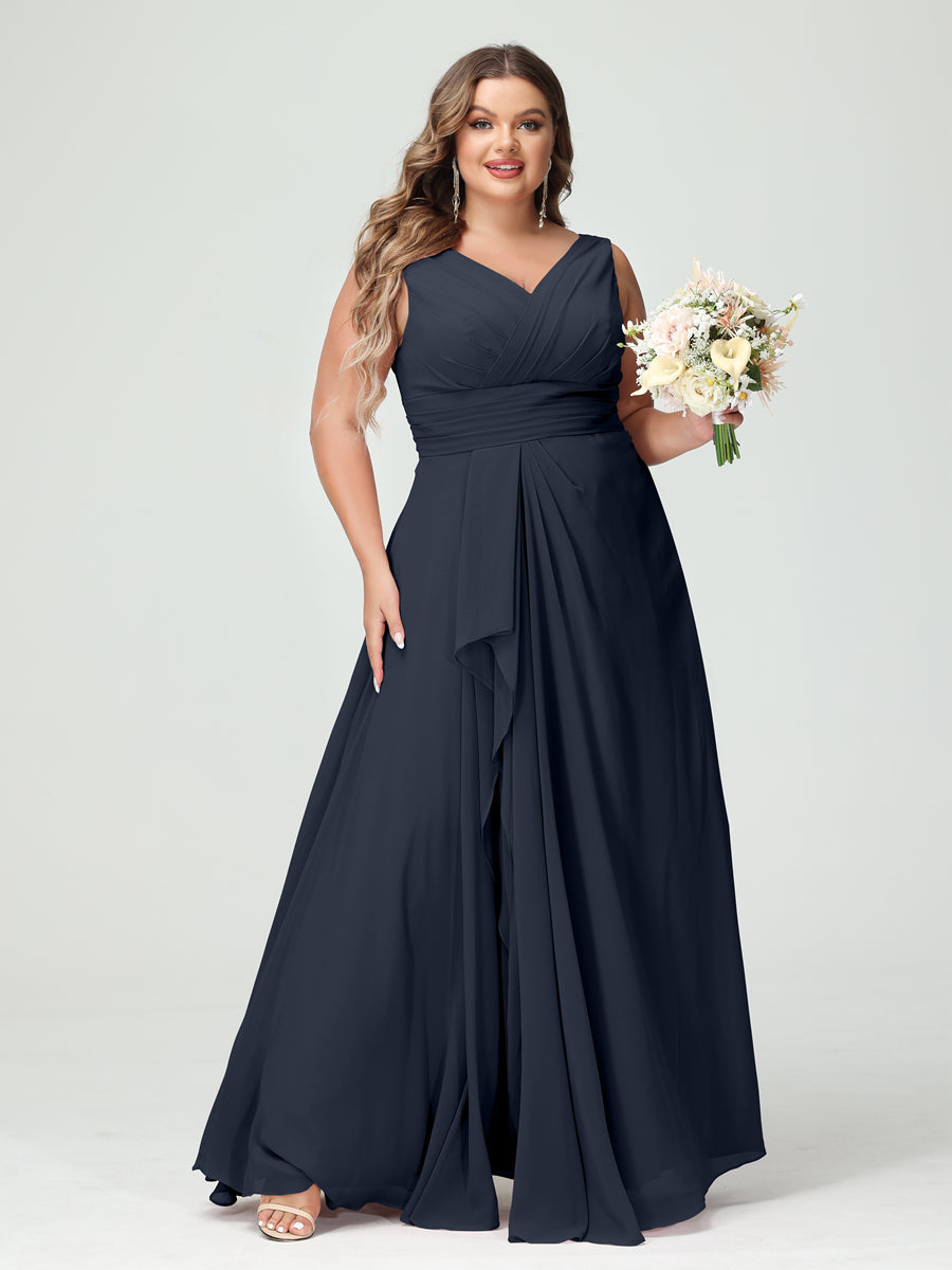 A-Line/Princess V-Neck Sleeveless Chiffon Ruffles Plus Size Bridesmaid Dresses with Pockets Navy Blue