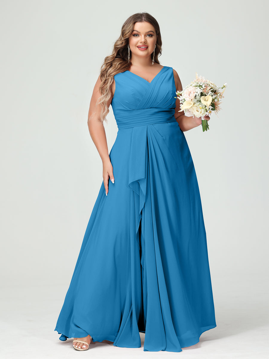 A-Line/Princess V-Neck Sleeveless Chiffon Ruffles Plus Size Bridesmaid Dresses with Pockets Ocean Blue
