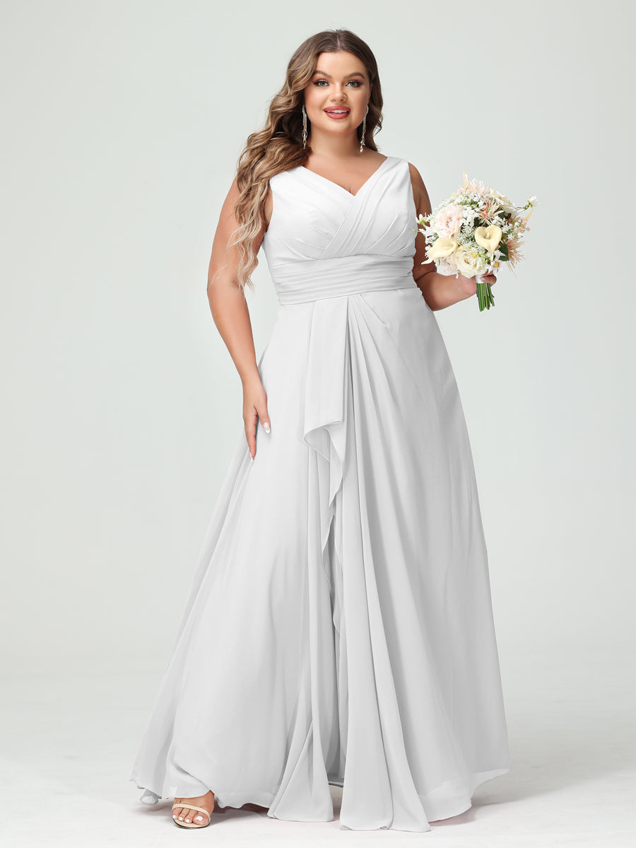 A-Line/Princess V-Neck Sleeveless Chiffon Ruffles Plus Size Bridesmaid Dresses with Pockets Off White