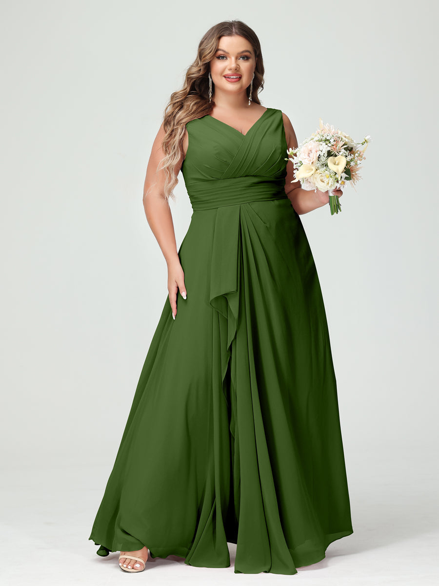 A-Line/Princess V-Neck Sleeveless Chiffon Ruffles Plus Size Bridesmaid Dresses with Pockets Olive Green