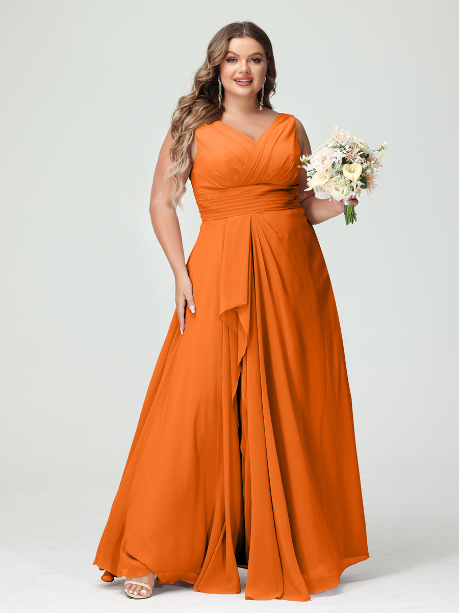 A-Line/Princess V-Neck Sleeveless Chiffon Ruffles Plus Size Bridesmaid Dresses with Pockets Orange