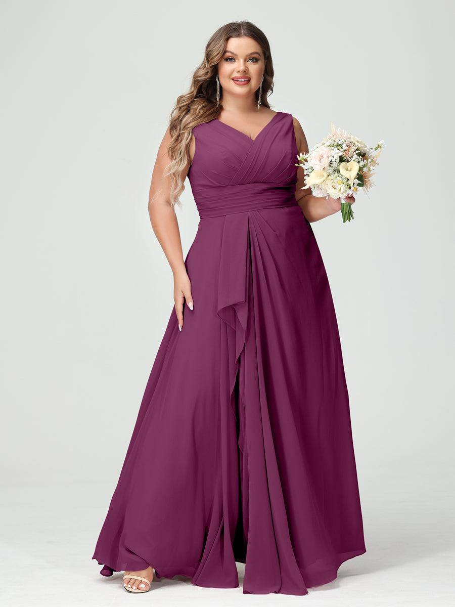 A-Line/Princess V-Neck Sleeveless Chiffon Ruffles Plus Size Bridesmaid Dresses with Pockets Orchid