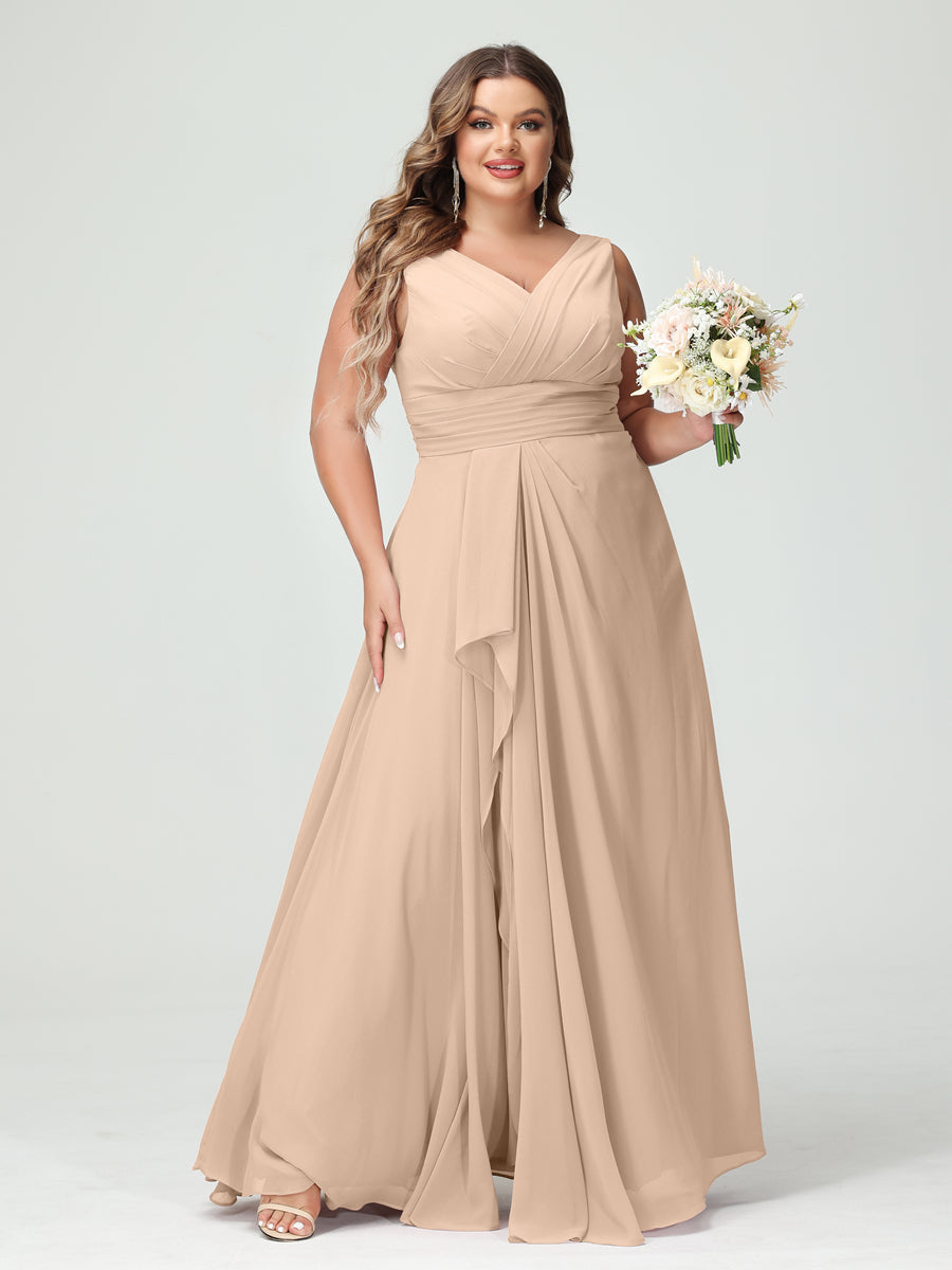 A-Line/Princess V-Neck Sleeveless Chiffon Ruffles Plus Size Bridesmaid Dresses with Pockets Peach Pink