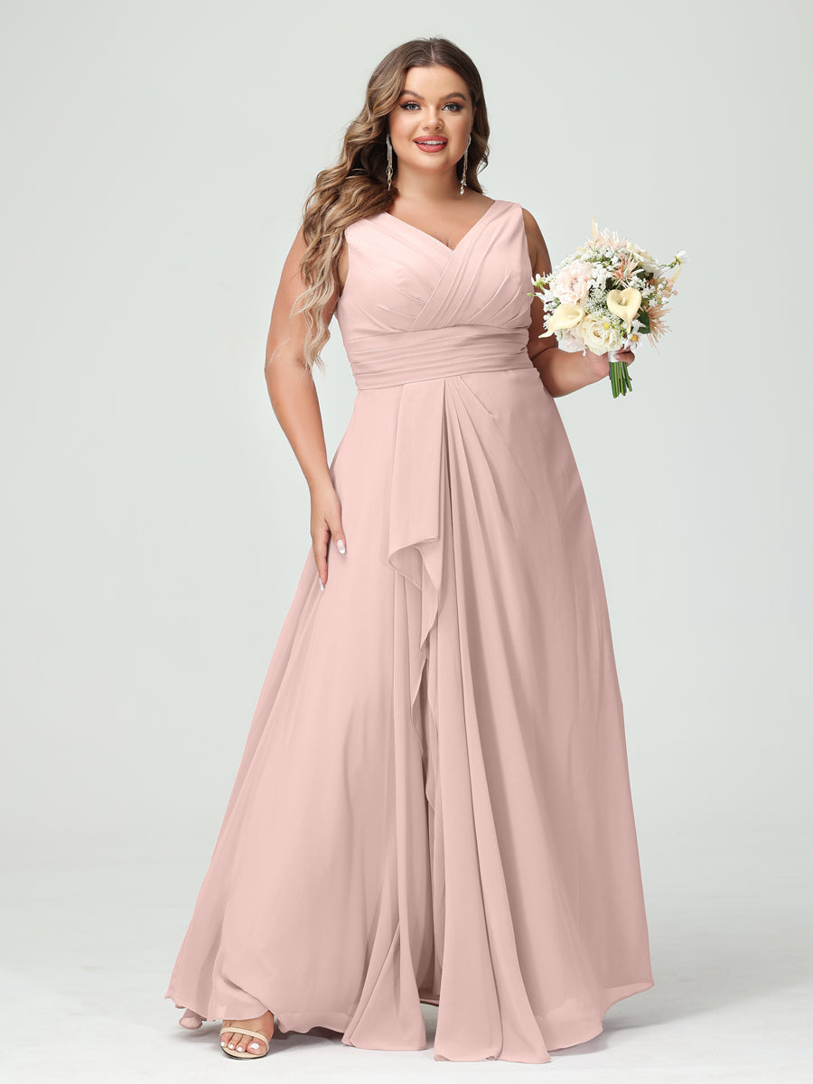 A-Line/Princess V-Neck Sleeveless Chiffon Ruffles Plus Size Bridesmaid Dresses with Pockets Pearl Pink