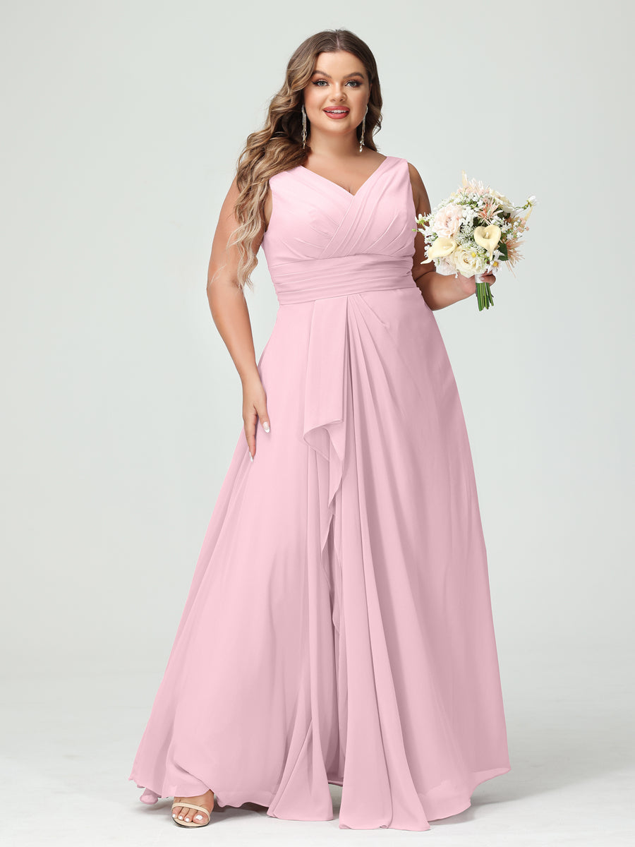 A-Line/Princess V-Neck Sleeveless Chiffon Ruffles Plus Size Bridesmaid Dresses with Pockets Pink