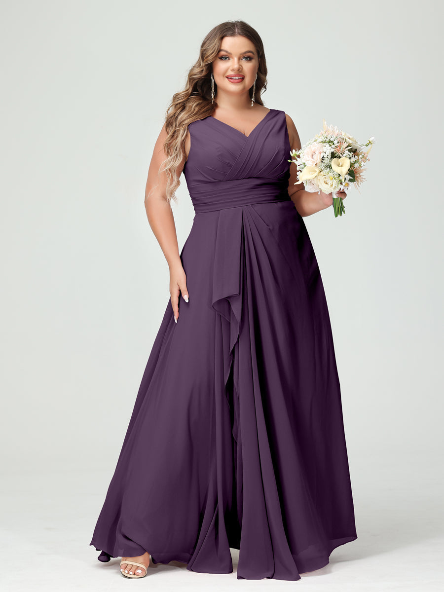 A-Line/Princess V-Neck Sleeveless Chiffon Ruffles Plus Size Bridesmaid Dresses with Pockets Plum