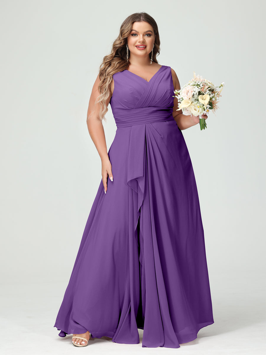 A-Line/Princess V-Neck Sleeveless Chiffon Ruffles Plus Size Bridesmaid Dresses with Pockets Purple