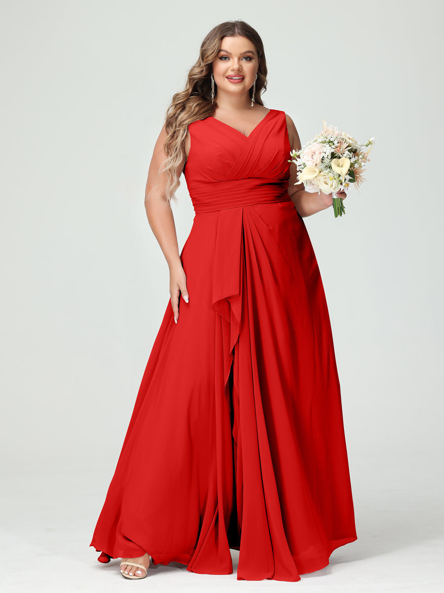 A-Line/Princess V-Neck Sleeveless Chiffon Ruffles Plus Size Bridesmaid Dresses with Pockets Red