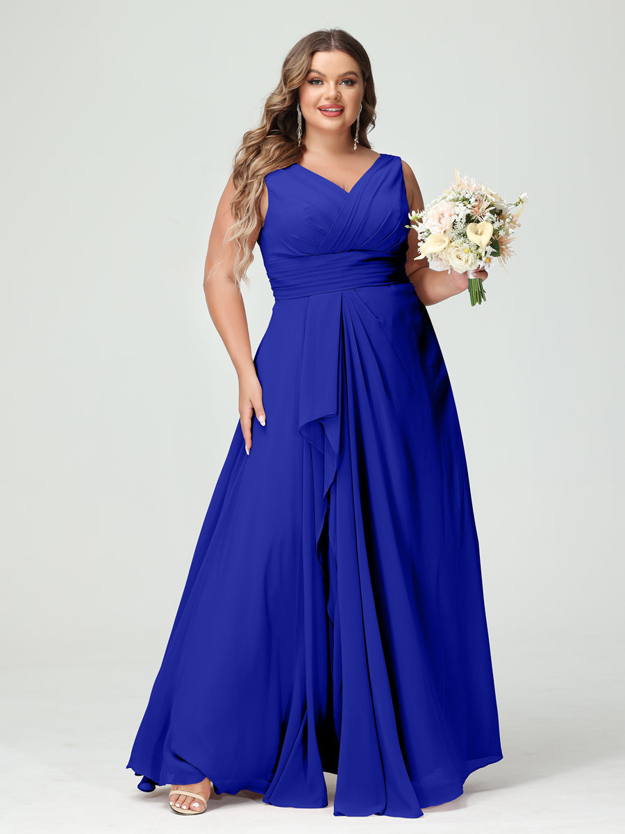 A-Line/Princess V-Neck Sleeveless Chiffon Ruffles Plus Size Bridesmaid Dresses with Pockets Royal Blue