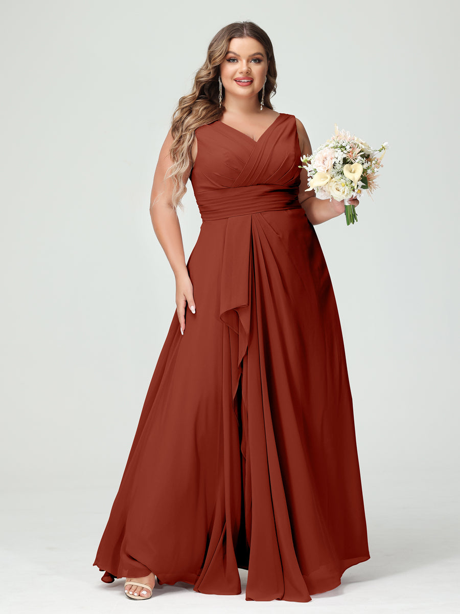 A-Line/Princess V-Neck Sleeveless Chiffon Ruffles Plus Size Bridesmaid Dresses with Pockets Rust